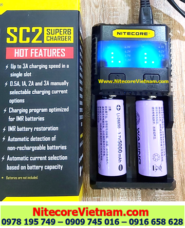 Nitecore SC2 (Bộ sạc Nitecore SC2 kèm sẳn 02 pin SẠC WASING 26650 5000mAh lithium 3.7v) chính hãng